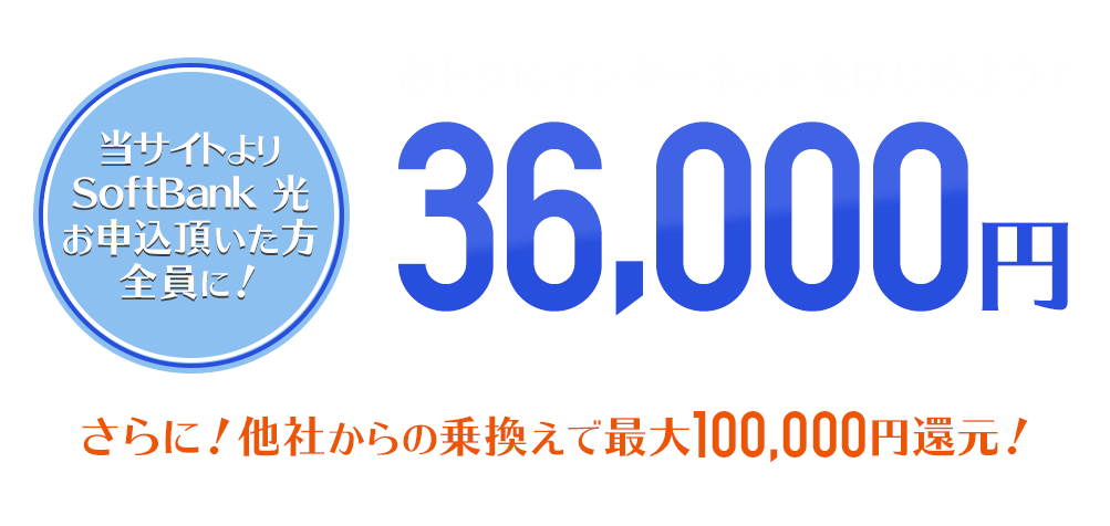 SoftBank 光お申込みで、現金36,000円キャッシュバックキャンペーン